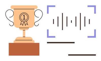 Gold trophy with 1 emblem beside stylized audio waveform in brackets. Ideal for success, leadership, recognition, innovation, technology, achievement, creativity. Simple flat metaphor