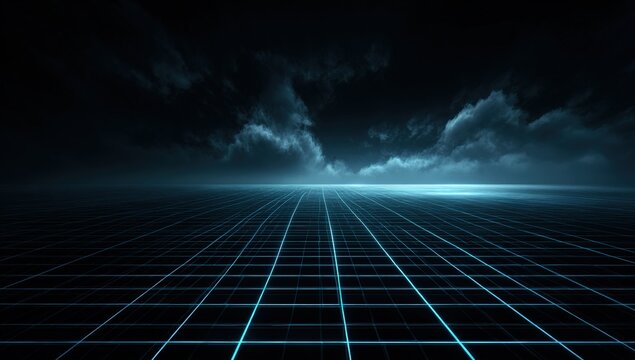Futuristic grid landscape beneath stormy sky - Powered by Adobe
