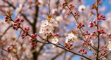 Blossoming cherry tree branches with pink buds and white flowers against a partly cloudy sky