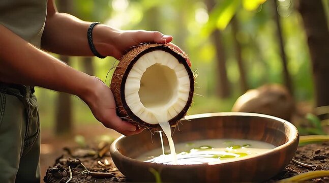 Hands pouring fresh coconut milk from a split coconut into a rustic wooden bowl in a lush, tropical setting.