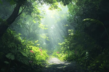 Fototapeta premium Sunlight filters through a lush, verdant jungle path, illuminating a trail amidst vibrant foliage.