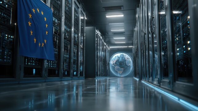 EU Flag in Modern Server Room Global Network Data Center