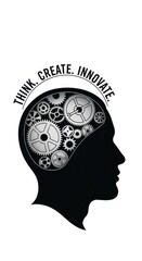 Black silhouette head profile with gears inside and text Think Create Innovate cogs