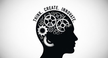 Black silhouette of a human head with interlocking gears inside representing thought and innovation human head silhouette