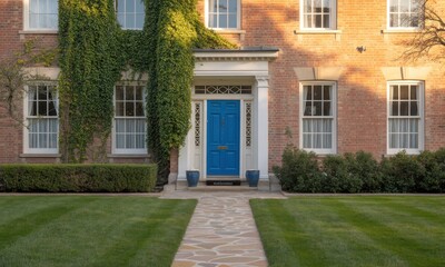 Brick house with blue door and ivy