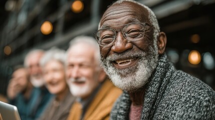 Joyful elderly man smiling with friends in a cozy café setting