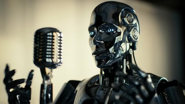 Futuristic humanoid robot with glowing blue eyes prepares to speak into a vintage studio microphone
