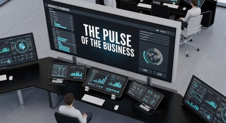 Business dashboard with data analytics and world map on large screen and multiple monitors technology
