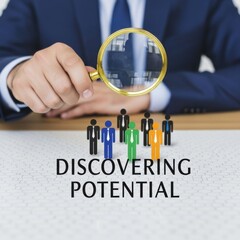 Businessman examines colorful figures with magnifying glass discovering potential finance technology