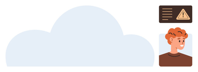 Large cloud, young man smiling, alert notification panel with warning icon. Ideal for technology, security, cloud storage, alert systems, user support data interface digital communication. Simple