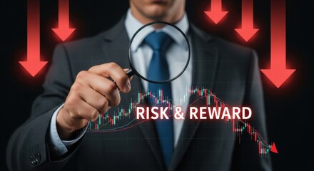 Businessman examines falling stock market graph with red arrows and text risk and reward suit magnifying glass
