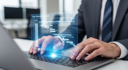 Businessman interacting with holographic Gantt chart on laptop screen technology project management