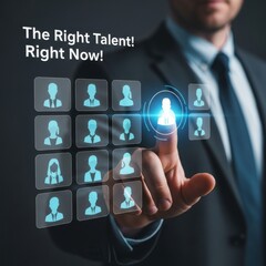 Businessman selecting a candidate from a digital grid of user icons technology human resources
