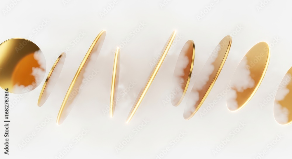 Aufkleber golden discs with luminous edges and ethereal cloud textures cascading across a clean backdrop