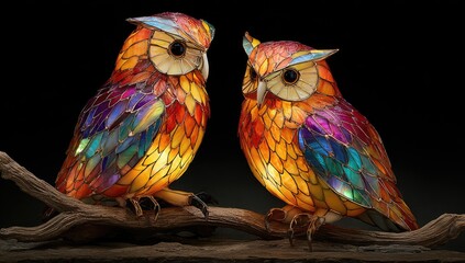 Two colorful stained glass owls perched on a driftwood branch