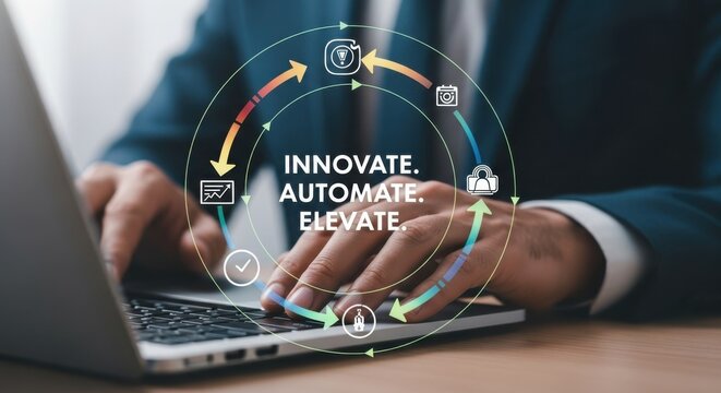 Businessman typing on laptop with digital infographic cycle Innovate Automate Elevate technology innovation