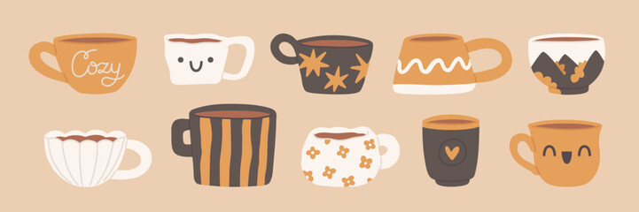 Cute coffee cups. Vector hand-drawn set. Different design handmade mugs. Cozy illustrations. Autumn tea cups on beige background
