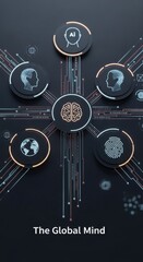 Central brain icon connected to A I human head globe and fingerprint icons artificial intelligence