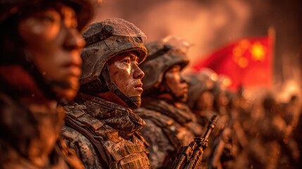 Chinese Soldiers in Formation Dramatic Lighting Red Flag