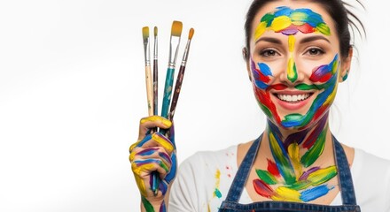 Joyful artist with vibrant face paint holding brushes in a creative expression