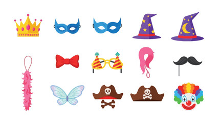 Whimsical Party Accessories: A delightful assortment of festive props, including a radiant crown, elegant masquerade masks, charming wizard hats, and playful clown elements.