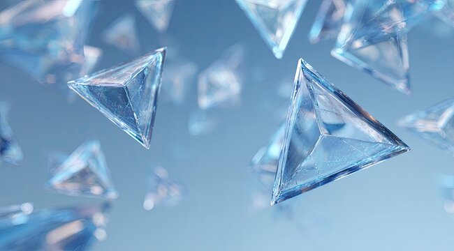 Light-blue, glassy triangles float in mid-air