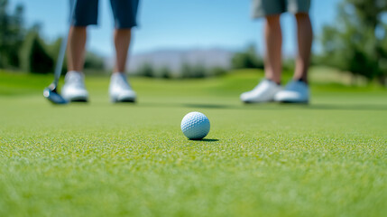Obraz premium A close-up view of a golf ball on the green with two players in the background, ready to putt on a sunny day.