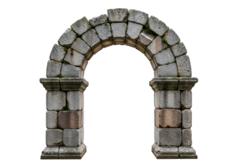 An aged stone archway, meticulously crafted from diverse gray and pinkish-tan stones, stands proudly against a plain black background, showcasing its weathered textures and intricate details.