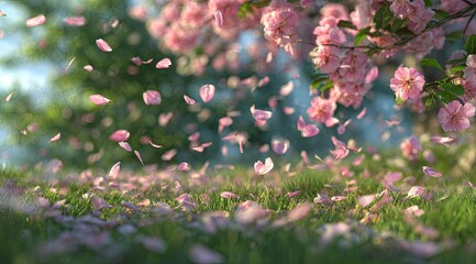 Pink flower petals falling on a grassy meadow beneath a blossoming tree
