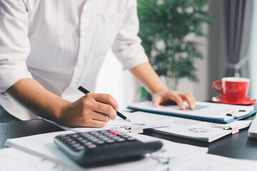 Business woman analyze calculate company financial, tax results office accounting statistics...
