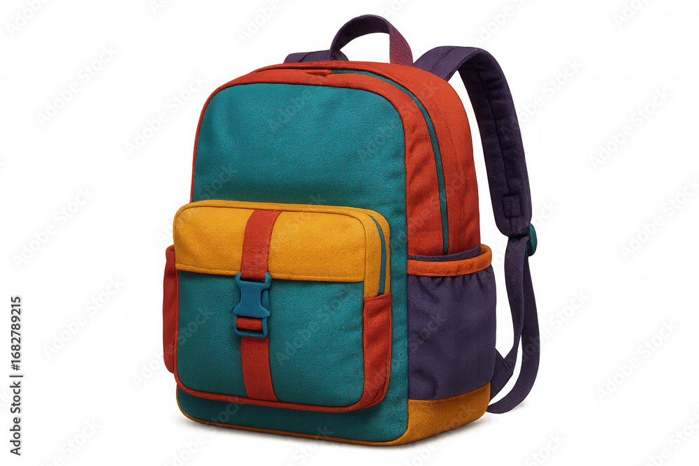 Poster multicolored backpack with various compartments and pockets, isolated on a transparent background, r