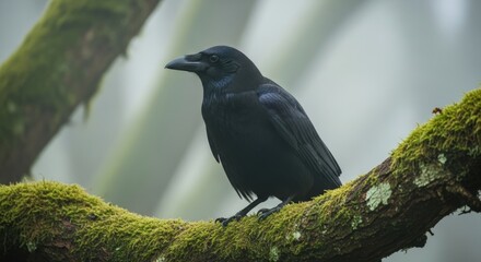 Fototapeta premium Majestic Raven Perched on Mossy Branch in Misty Forest