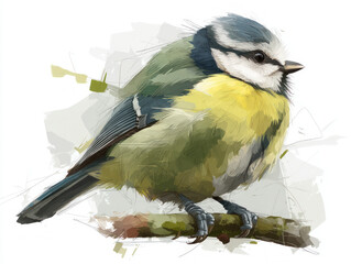 Naklejka premium Bluetit isolated: Bright illustration or photo of a cute bluetit perched on a branch against a plain background