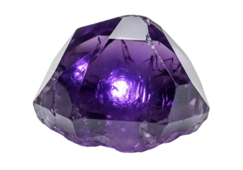 Close-up view of a multifaceted amethyst crystal, showcasing its vibrant purple hues and intricate facets against a dark background.
