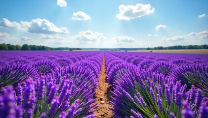 Fototapeta premium Vibrant Purple Lavender Field Swaying Gently Under a Bright Summer Sky Stunning Natural Landscape Photography