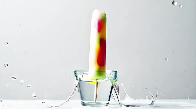 A vibrant, colorful popsicle melting in a glass of water, a refreshing summer treat.