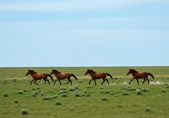 Fototapeta premium Wild Mustangs Galloping Across Vast Prairie Under a Pale Sky