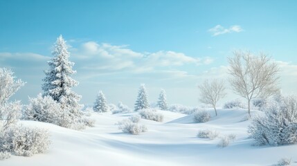 Obraz premium A serene winter landscape showcases snow-covered trees and shrubs against a light blue sky.