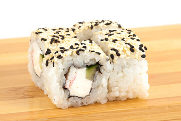 Delicious Sushi Roll with Sesame Seeds on Wooden Board