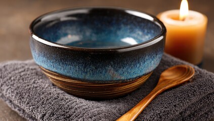 Dark blue ceramic bowl, wooden spoon, and candle on gray towel