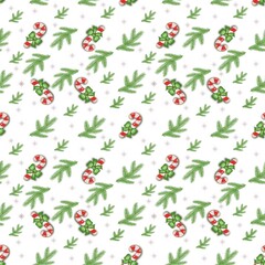 seamless pattern with Christmas decorations, Christmas tree, snow, candy, 5000x5000 pxl, Christmas edition, white background