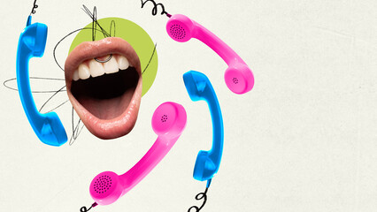 Surreal composition with open mouth with nose ring surrounded by blue and pink telephones. Concept of communication overload, customer contact chaos, pop culture design, and hotline stress.
