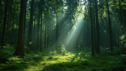 Obraz premium Magical sun rays penetrate through dense trees in a vibrant green forest