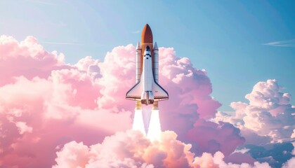 A rocket ship soars skyward, plumes of white smoke billowing against a backdrop of vibrant pink and blue clouds, suggesting an upward trajectory