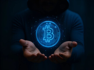 Hands Presenting Digital Bitcoin Icon with Network Particles