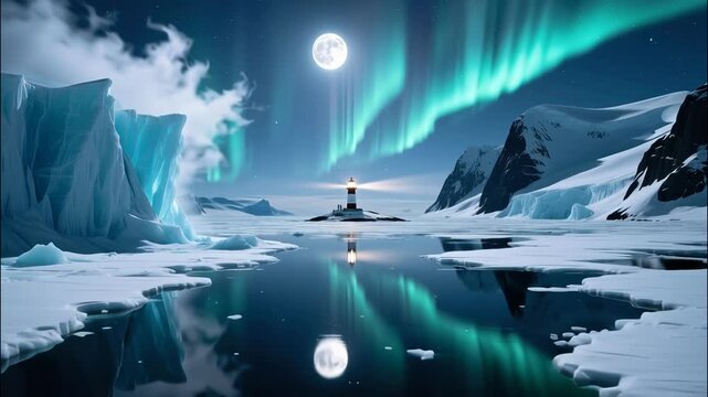 Lighthouse Amid Arctic Ice with Northern Lights and Full Moon