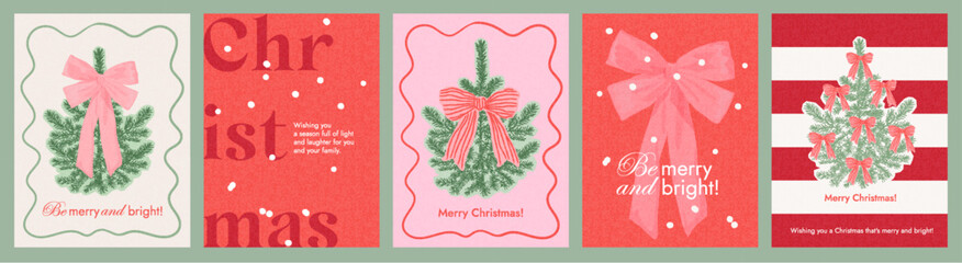 Merry Christmas and Happy New Year greeting card set. Modern beautiful Xmas design with Christmas tree decorated with big red bow and striped pink bow and typography. Minimal art banner, poster, cover