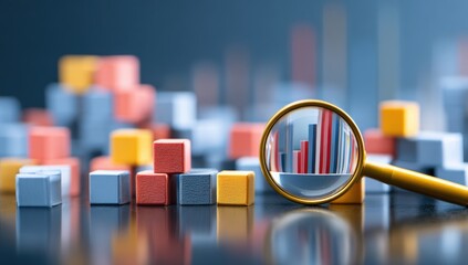 Magnifying glass focusing on colorful bar graph amidst a collection of blocks