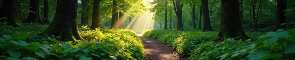 Fototapeta premium A secluded, sun-dappled forest path winds through dense undergrowth, sunlight barely piercing the canopy above; a sense of quiet seclusion and limited space is palpable , texture, woods