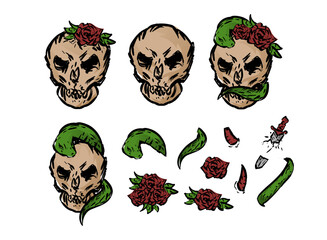set of doodle hand drawn vintage gothic zombie skull head with customizable elements of snake, rose, horns, and blade